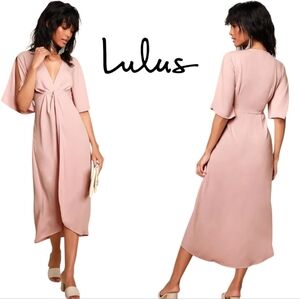 Lulu's My Type Blush Pink Midi Dress Plunging V-neck Split Sleeves Hi-low Hem XS